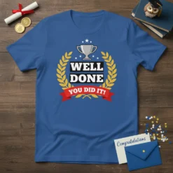Well Done You Did It! t-shirt design with trophy and laurel wreath graphic in bold typography