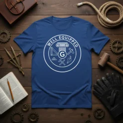 Well Equipped t-shirt design with Freemasonry symbols including compass, square, G, column, and tools