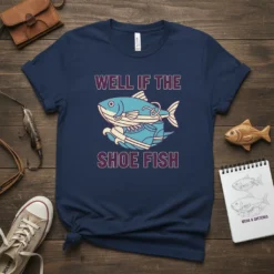T-shirt featuring the text "Well If The Shoe Fish" with a cartoon fish wearing sneakers