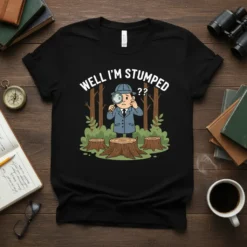 Well I'm Stumped?? text on a black t-shirt with a cartoon detective looking through a magnifying glass at tree stumps
