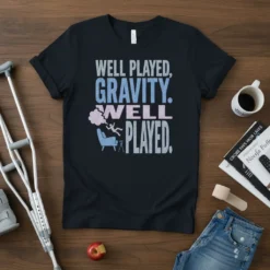 Well Played Gravity Well Played text design on a black t-shirt with a graphic of a person falling into a
