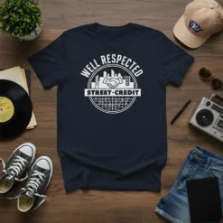 Navy t-shirt with white text and graphics WELL RESPECTED STREET CREDIT, showing a handshake over city skyline and stock market