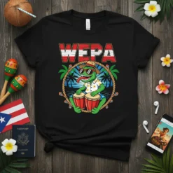 WEPA text with Puerto Rican flag colors above a cartoon frog playing bongo drums, wearing sunglasses and a straw hat