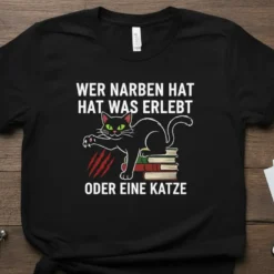 Black t-shirt with white German text "Wer Narben Hat Hat Was Erlebt Oder Eine Katze" and a black cat sitting