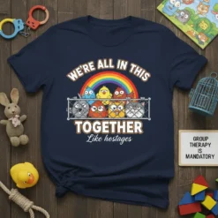 T-shirt with "WE'RE ALL IN THIS TOGETHER Like hostages" text and cartoon birds and cats behind a fence