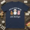 WE'RE ALL IN THIS TOGETHER Like Hostages t-shirt design with chicken, sheep, and pig tied together with rope