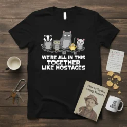 T-shirt with the text "WE'RE ALL IN THIS TOGETHER LIKE HOSTAGES" above chained cartoon animals like a badger, owl, cat
