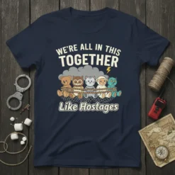 WE'RE ALL IN THIS TOGETHER Like Hostages t-shirt with cartoon teddy bear, owl, cat, sheep, and monster tied together