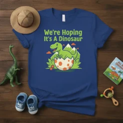 We're Hoping It's A Dinosaur t-shirt design with a cartoon dinosaur hatching from an egg, mountains, and clouds in green