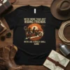 T-shirt design with text "We're More Than Just Riding Friends We're Like A Really Small Gang" featuring a motorcycle and