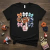 We're Number 1! football design with foam finger, football, helmets, and bows on a black t-shirt