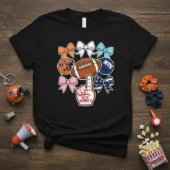 We're Number 1! football design with foam finger, football, helmets, and bows on a black t-shirt