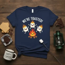 We're Toasted! t-shirt design featuring cute cartoon marshmallows dancing around a campfire graphic