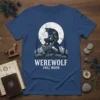 Werewolf howling at a full moon with wolves in the foreground, text reads WEREWOLF FULL MOON, on a navy blue