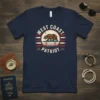 West Coast Patriot t-shirt with California bear and Golden Gate Bridge graphic, red, white, and blue stripes