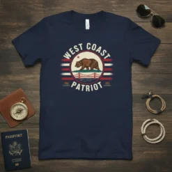 West Coast Patriot t-shirt with California bear and Golden Gate Bridge graphic, red, white, and blue stripes