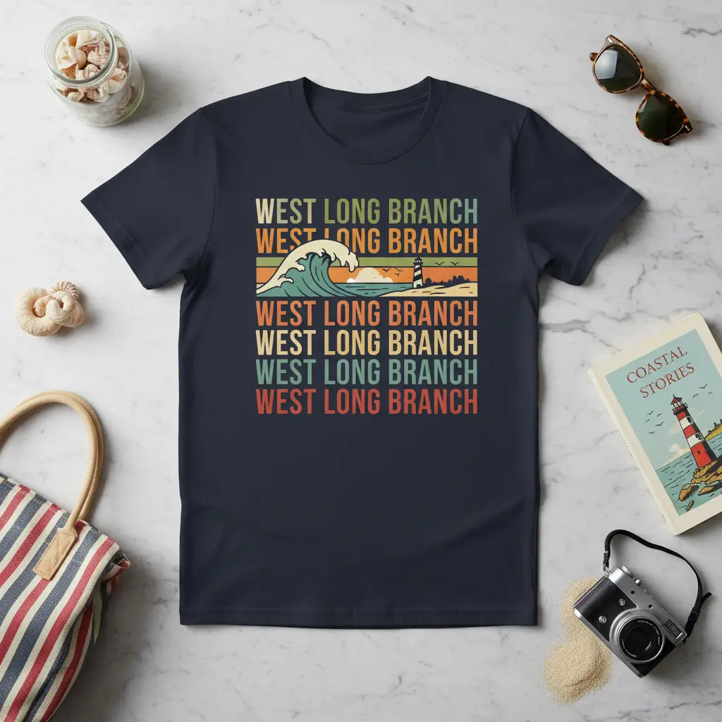Retro West Long Branch repeated text with vintage ocean wave and lighthouse graphic on a t-shirt