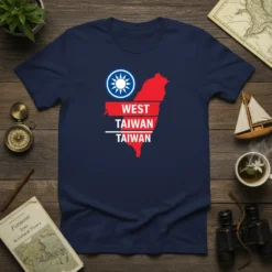 Navy blue t-shirt featuring a red map of Taiwan labeled "WEST TAIWAN TAIWAN" with the ROC flag emblem
