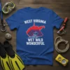 West Virginia Wet Wild Wonderful T-Shirt featuring a red state outline with a cave and river graphic