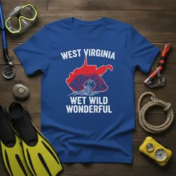 West Virginia Wet Wild Wonderful T-Shirt featuring a red state outline with a cave and river graphic