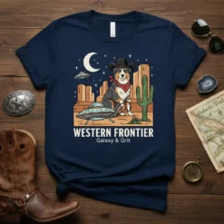 Western Frontier Galaxy & Grit t-shirt featuring a dog in a cowboy hat with UFOs and a desert landscape