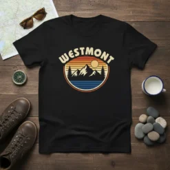 Westmont retro mountain t-shirt design with vintage sunset, pine trees, and mountains
