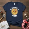 Westside Pizza graphic t-shirt design with a slice of pizza inside a yellow circle and white text "WESTSIDE PIZZA"