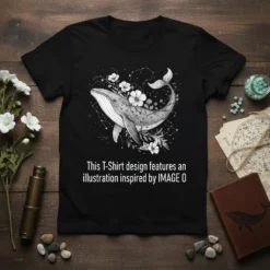Whale constellation floral illustration t-shirt with detailed drawing of a whale surrounded by flowers and stars