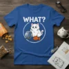 WHAT? funny cat t-shirt design showing a white cat looking confused at a fish bowl with a goldfish