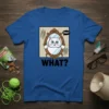 Funny "What Cat Mirror What" t-shirt design featuring a surprised white cat looking into an ornate mirror, with text above
