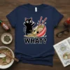 WHAT? cat ramen t-shirt with a surprised black cat next to a bowl of noodles and chopsticks, anime style graphic