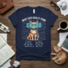What Cats Really Think text with a cartoon cat wearing glasses surrounded by math equations on a navy t-shirt