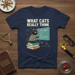 Black cat wearing glasses and a blazer teaching physics with E=mc² on a chalkboard, text says WHAT CATS REALLY THINK