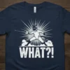Fencing t-shirt with "WHAT?!" text and cartoon fencer in action