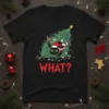 Black cat tangled in a Christmas tree with lights and ornaments, wearing a Santa hat, with the word "WHAT?" below