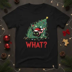 Black cat tangled in a Christmas tree with lights and ornaments, wearing a Santa hat, with the word "WHAT?" below