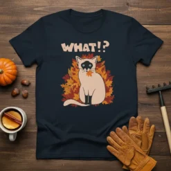 WHAT!?! text above a bewildered Siamese cat surrounded by colorful autumn leaves, on a navy t-shirt