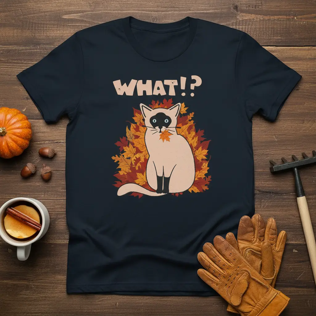 WHAT!?! text with a confused Siamese cat and fall leaves graphic on a navy blue t-shirt