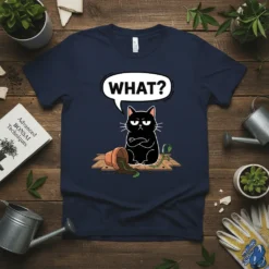 Black cat with arms crossed and a spilled plant pot, with "WHAT?" in a speech bubble, on a navy t-shirt