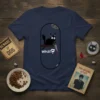 Black cat holding a bloody knife with "WHAT?" text, on a navy blue t-shirt design
