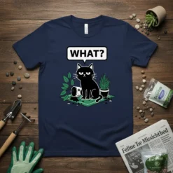 Funny "WHAT?" black cat t-shirt design with gardening supplies and a speech bubble