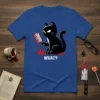 Black cat holding a bloody cleaver with "WHAT?" text on a blue t-shirt, funny Halloween design