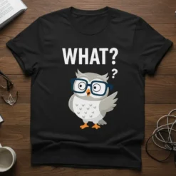 Funny "WHAT?" text with a cartoon owl wearing glasses on a black t-shirt
