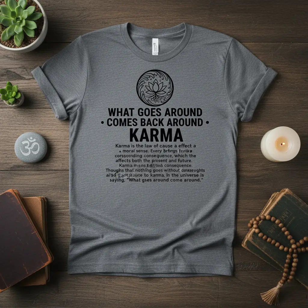 What Goes Around Comes Back Around Karma quote on a grey t-shirt with a lotus graphic