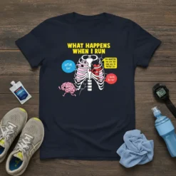 Funny running t-shirt design with text "WHAT HAPPENS WHEN I RUN" and cartoon ribcage, heart, and brain graphics