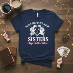 What Happens With Sisters Stays With Sisters quote tee with two women forming a heart shape graphic