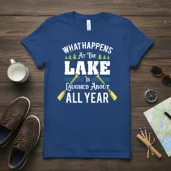 T-shirt with white text "WHAT HAPPENS AT THE LAKE IS LAUGHED ABOUT ALL YEAR" and graphics of trees and paddles
