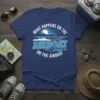T-shirt with blue text saying "What Happens On The Airboat Stays On The Airboat" and a graphic of an airboat