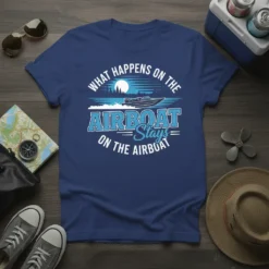T-shirt with blue text saying "What Happens On The Airboat Stays On The Airboat" and a graphic of an airboat
