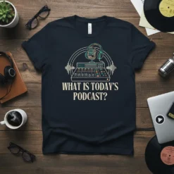 T-shirt design with text "WHAT IS TODAY'S PODCAST?" above a graphic of a vintage microphone, headphones, and audio mixer